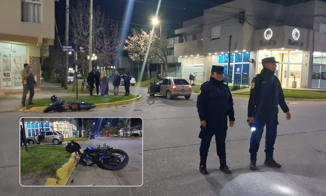 Choque entre un auto y una moto en la intersección de Estrada y Belgrano